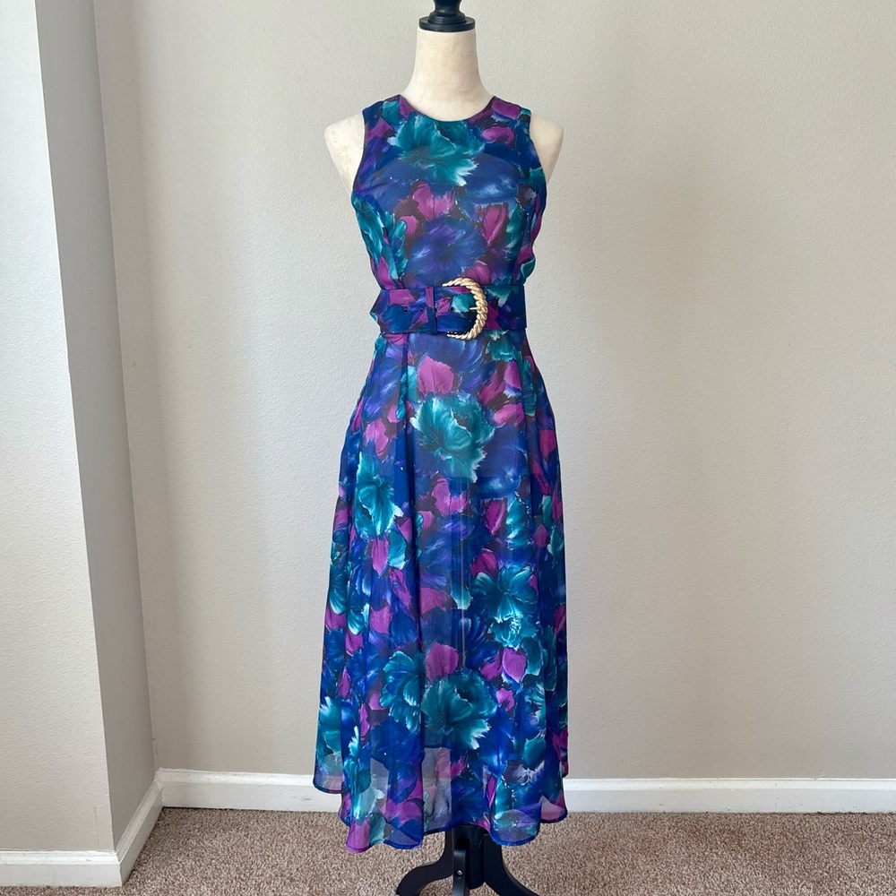 Vintage 80s Roberta II Jewel Tone Floral Sheer Maxi Dress